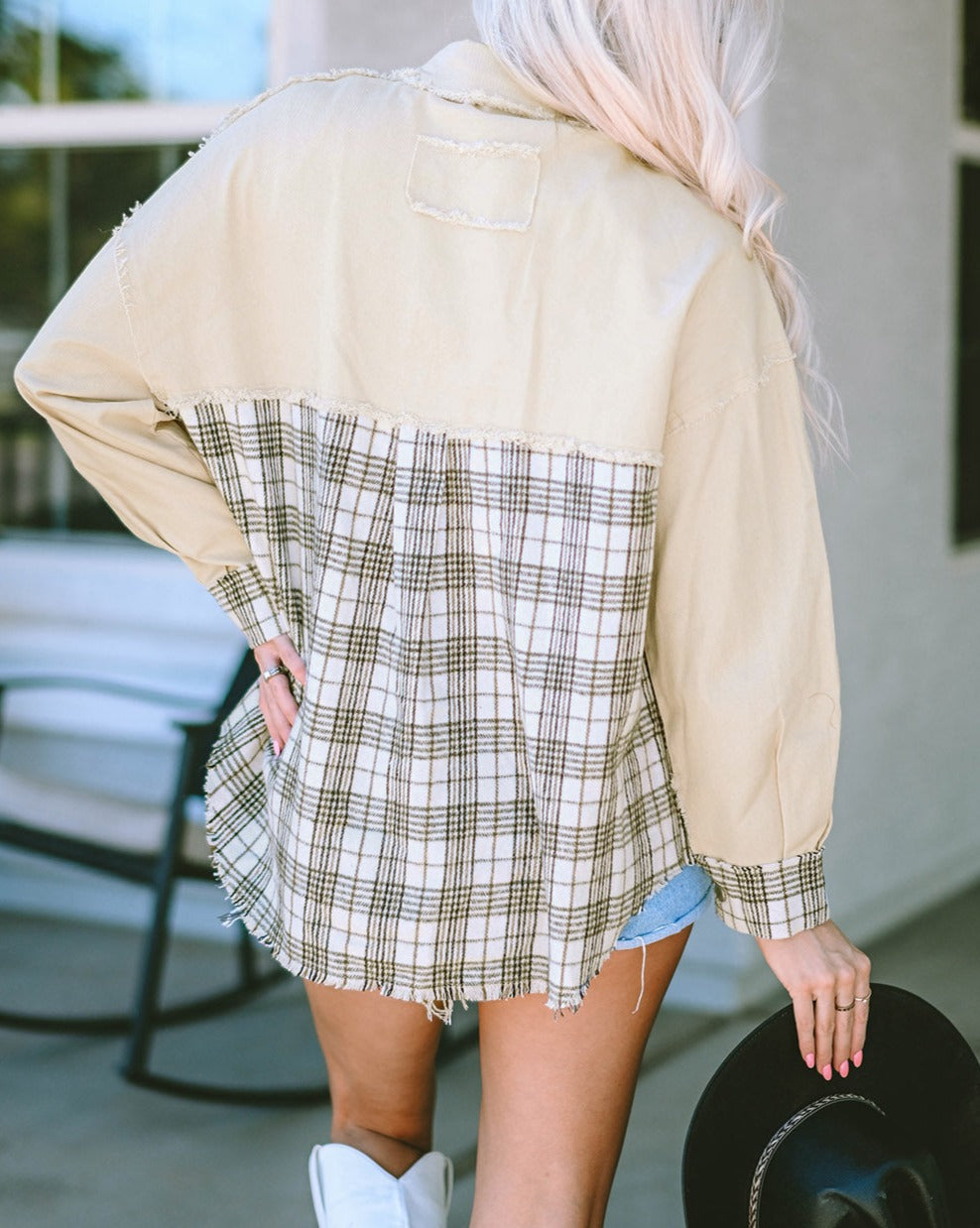 Denim Plaid Patchwork Distressed Jacket