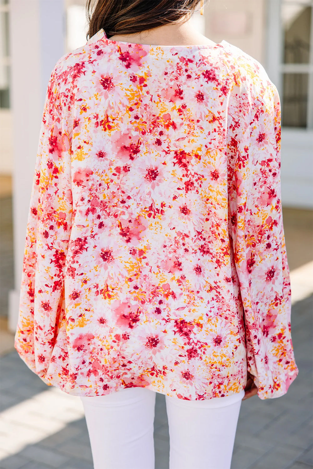 Floral Bubble Sleeve V-Neck Blouse