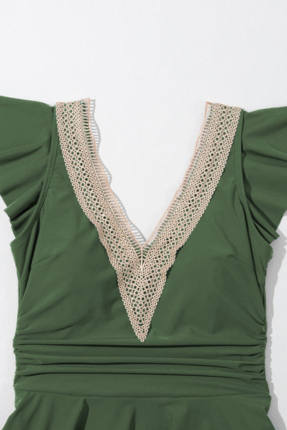 Ruffle Lace Trim V-Neck Short Sleeve Swim Dress