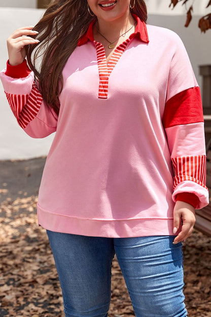 Stripe Collared V-Neck Sweatshirt Plus Size