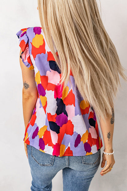 Abstract Ruffle Mock Neck Top