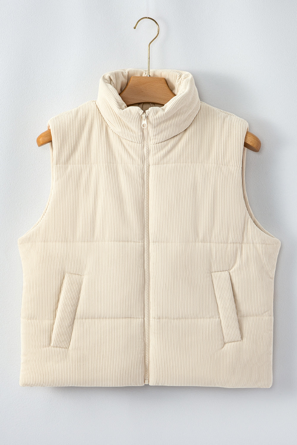 Corduroy Stand Neck Zipped Puffer Vest