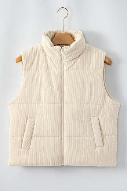 Corduroy Stand Neck Zipped Puffer Vest