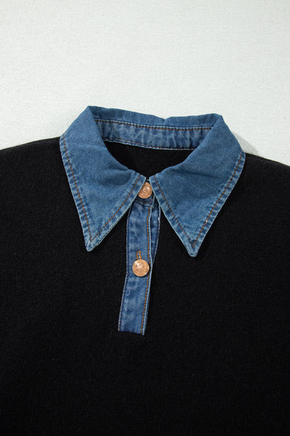Denim Patchwork Collar Cuffed Long Sleeve Sweater