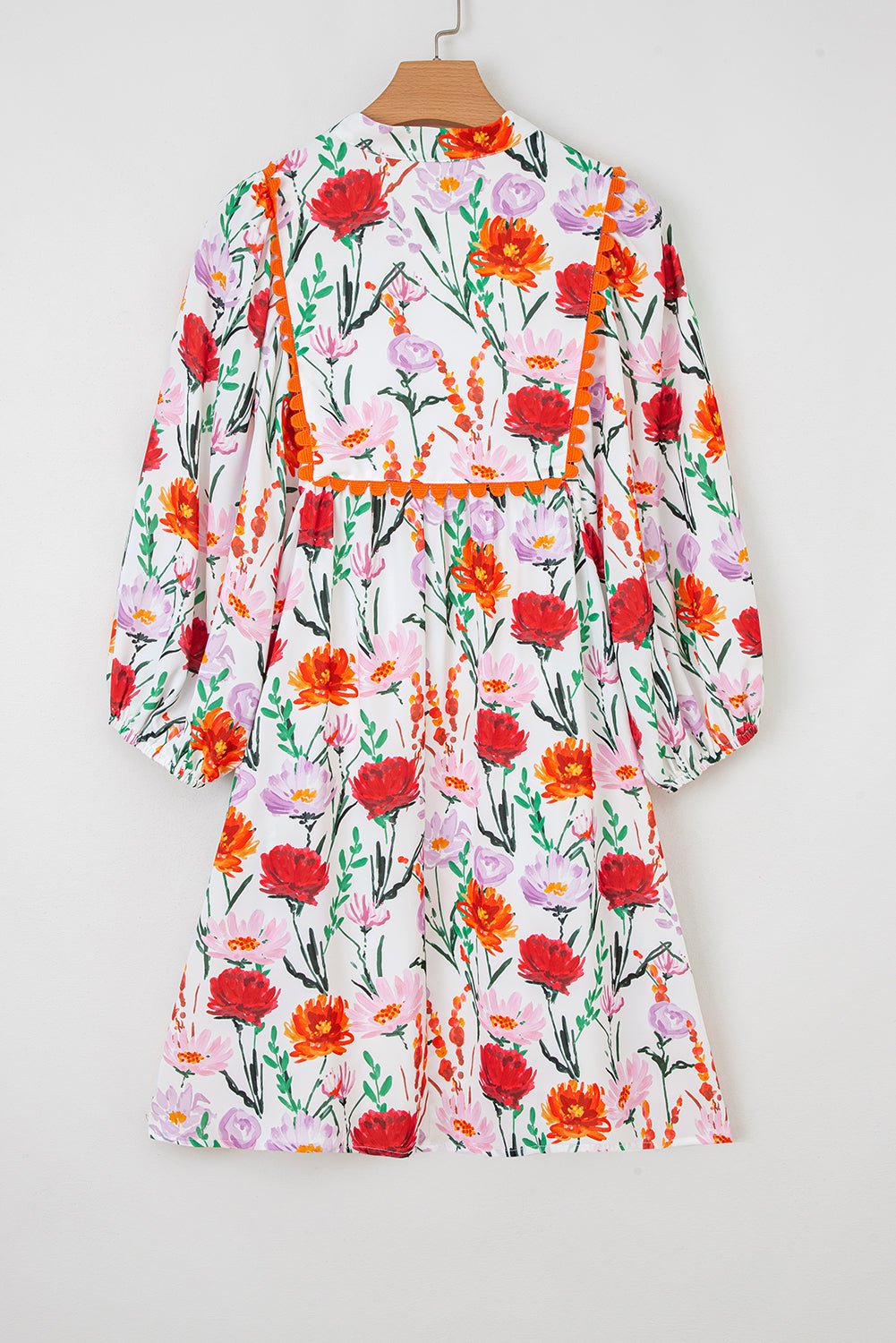 Floral Ricrac Trim 3/4 Puff Sleeve Mini Dress