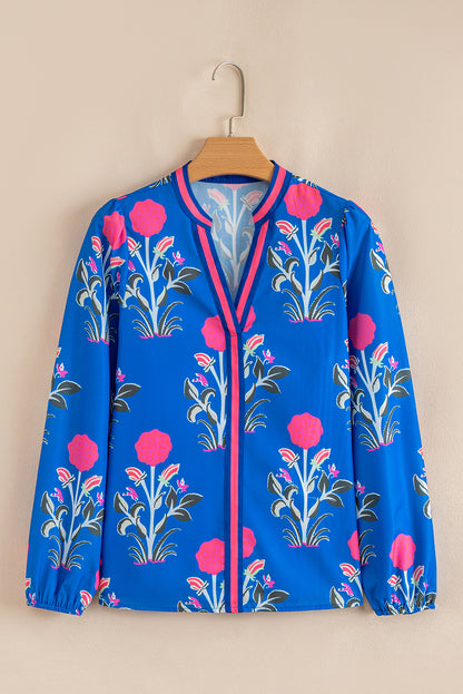 Floral Stripe Trim Notch Neck Long Sleeve Blouse