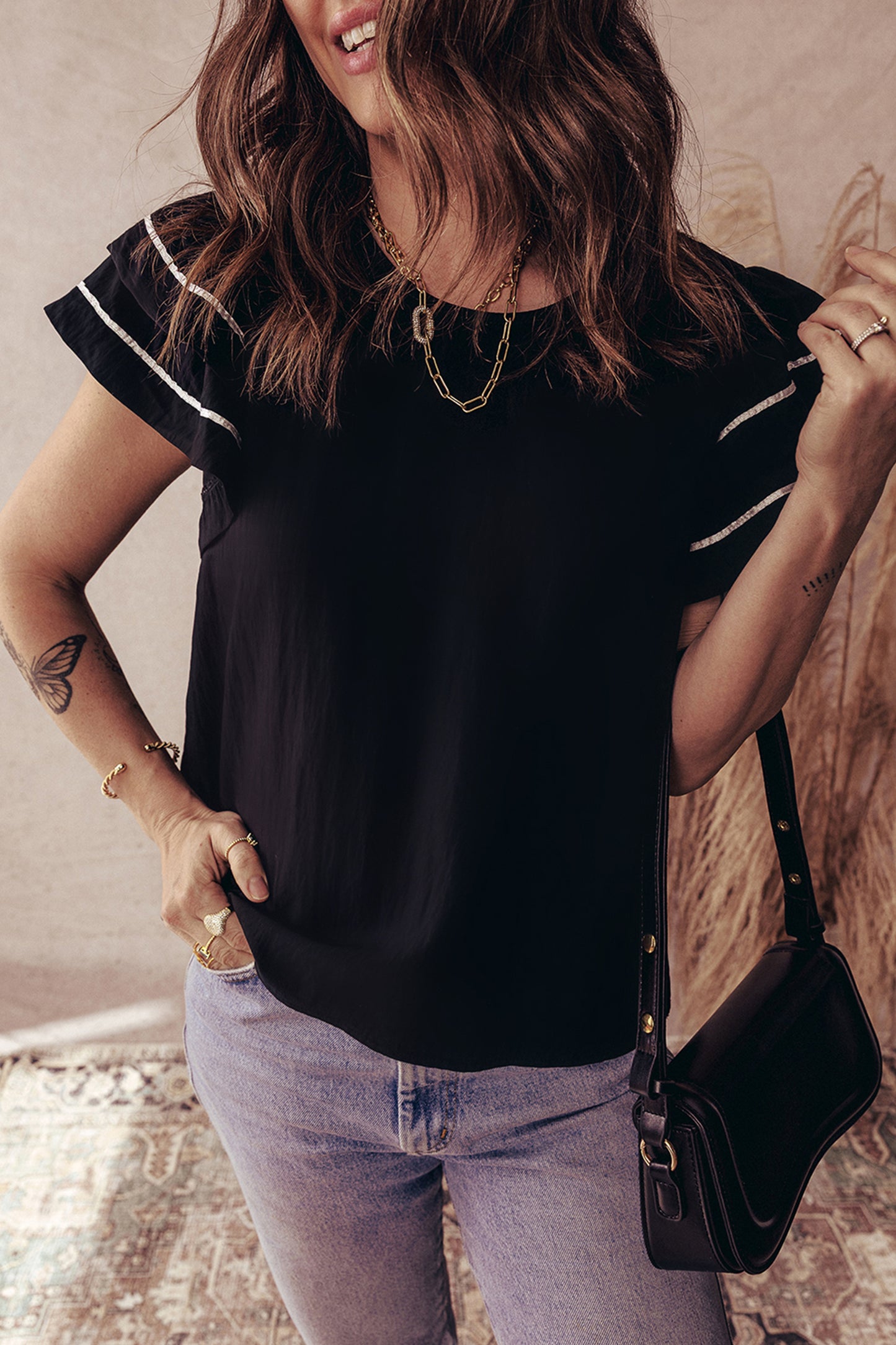 Contrast Trim Ruffle Short Sleeve Blouse