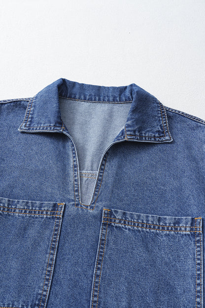 Solid Denim Collared Patch Pocket Mini Dress