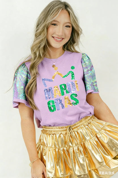 Mardi Gras Sequin Graphic Patchwork T-Shirt