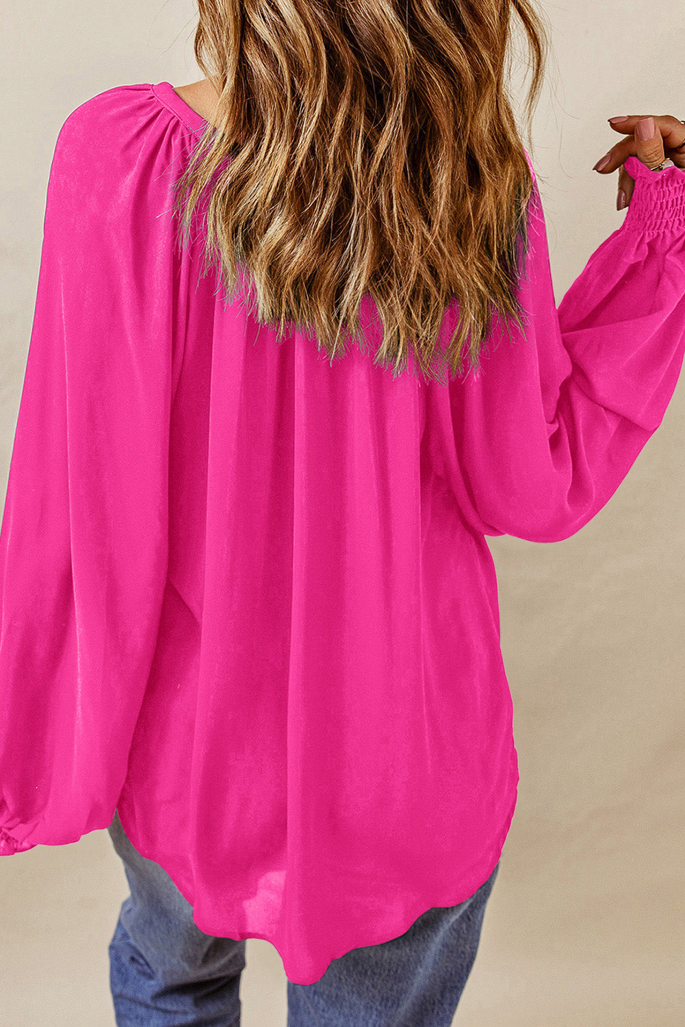 Pleated Puff Sleeve V-Neck Blouse