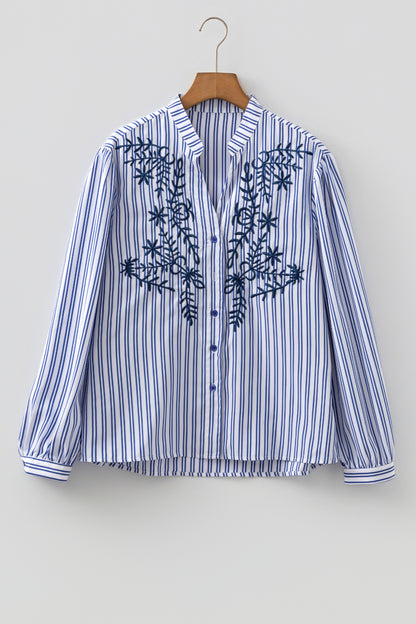 Stripe Embroidered Button Front Long Sleeve Shirt