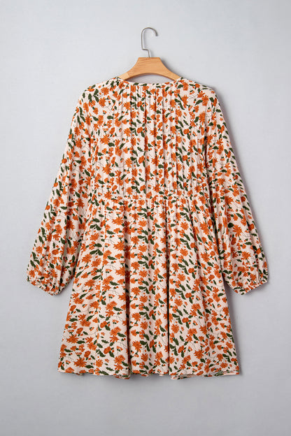 Plus Size Floral Long Sleeve V-Neck Babydoll Dress