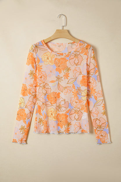 Floral Mesh Lettuce Trim Long Sleeve Top