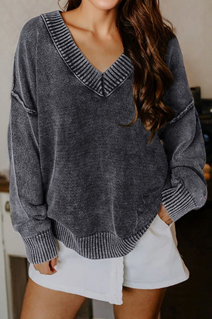 Mineral Wash Reverse Seam V-Neck Drop Shoulder Sweater