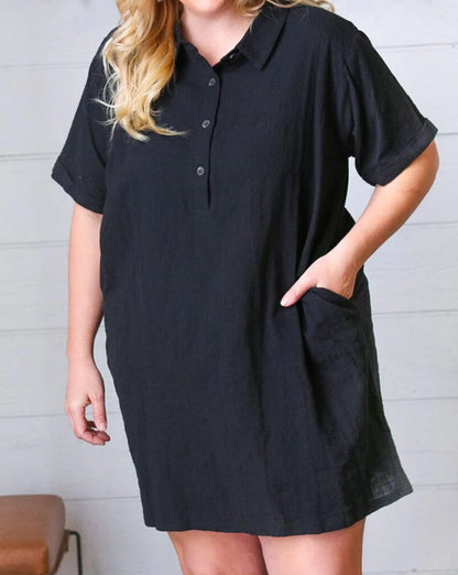 Buttoned Collar Shift Dress Plus Size