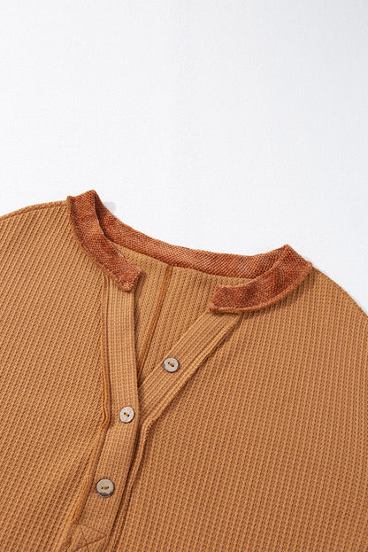 Colorblock Waffle Knit Exposed Seam Long Sleeve Top