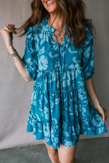 Flower 3/4 Sleeve Ruffle Tiered Dress