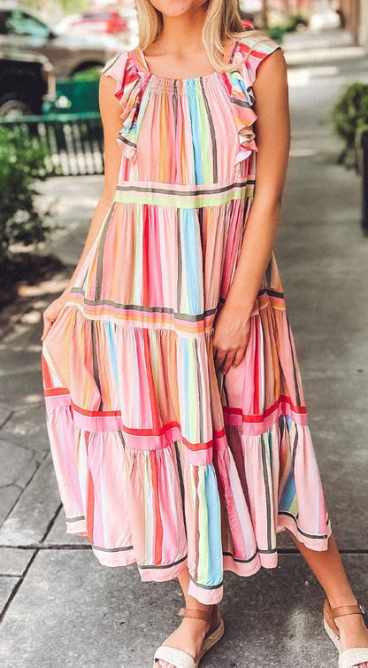 Rainbow Stripe Ruffles Dress