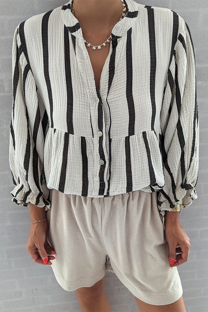 Stripe Ruffle Sleeve Buttoned Shirt