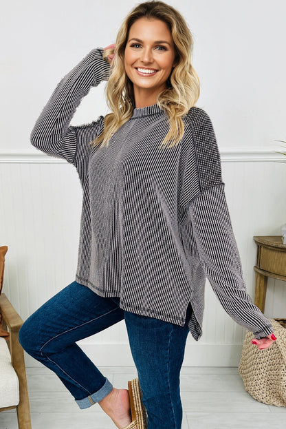Solid Corded Knit Long Sleeve Top