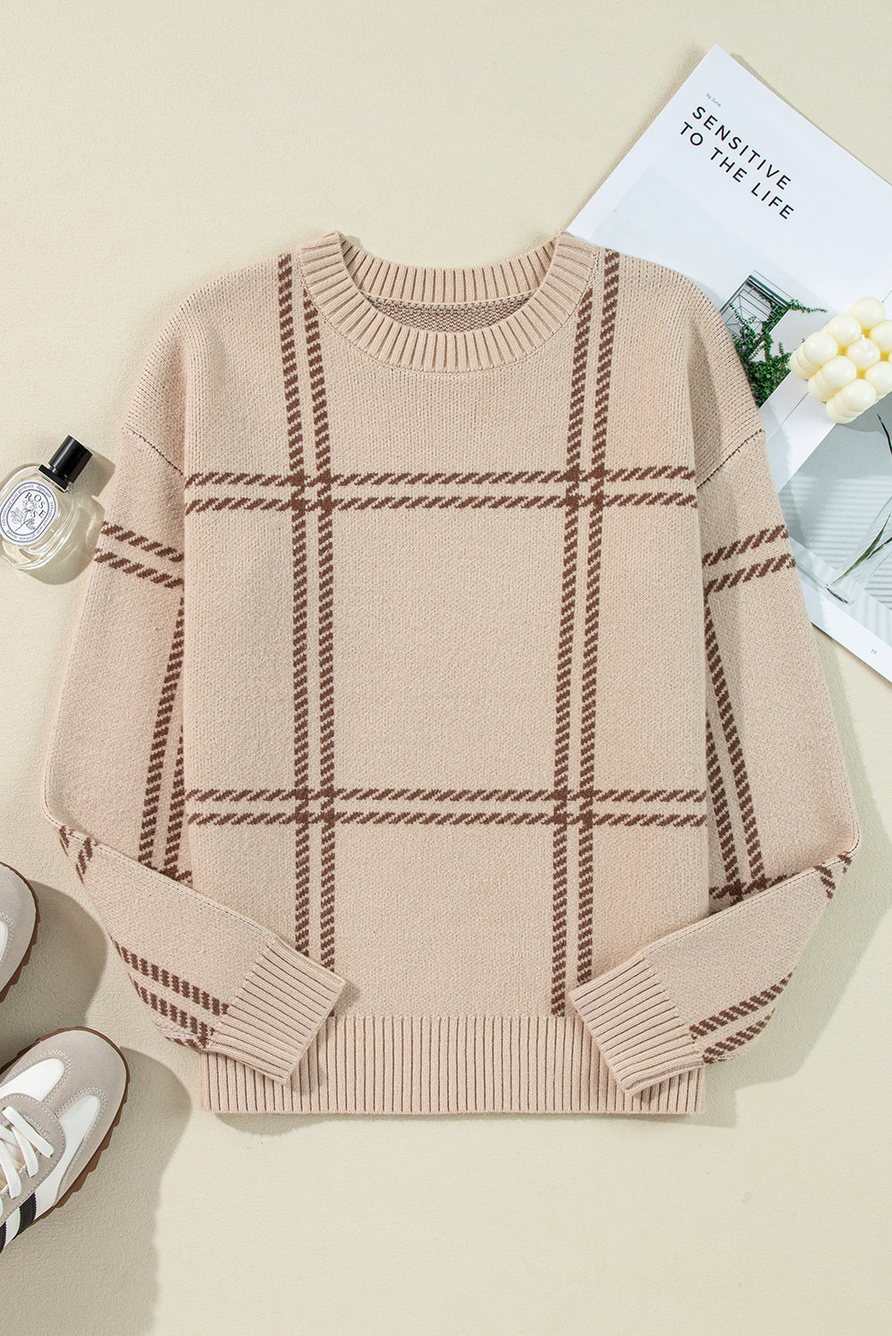 Plaid Drop ShoulderCrewneck Sweater