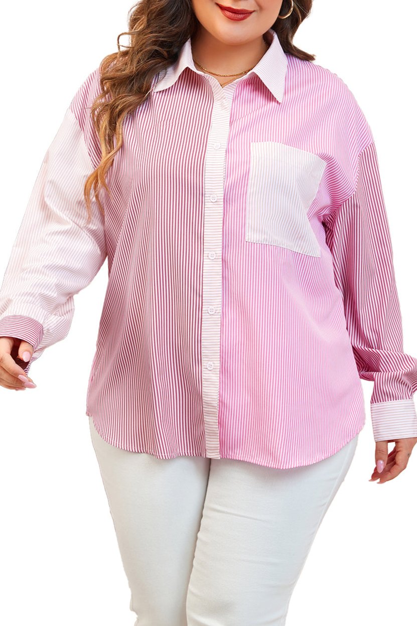 Stripe Colorblock Buttoned Shirt Plus Size