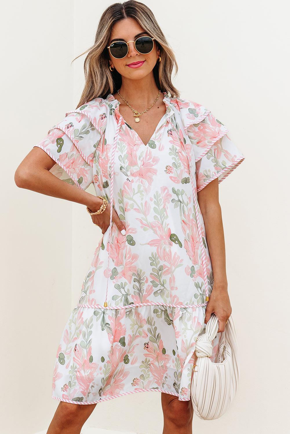 Floral V-Neck Layered Short Sleeve Mini Dress