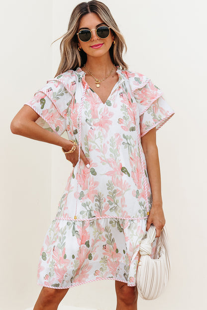 Floral V-Neck Layered Short Sleeve Mini Dress