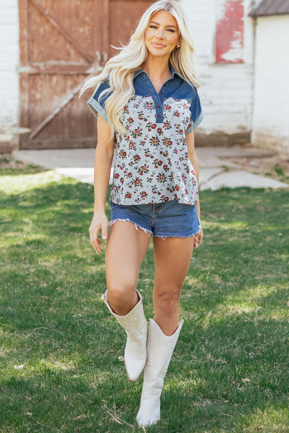 Floral Retro Denim Patchwork Buttoned Collar Top