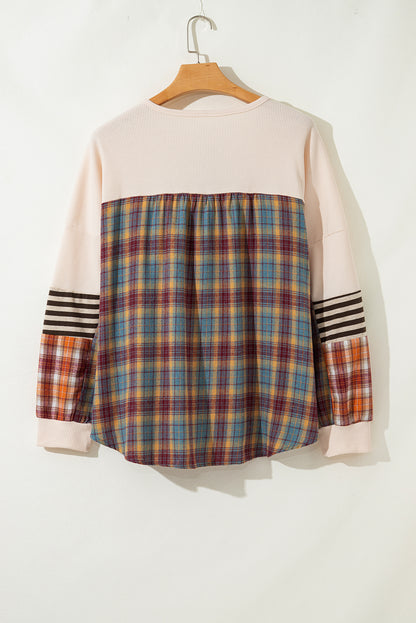 Plus Size Stripe Plaid Patchwork Waffle Top