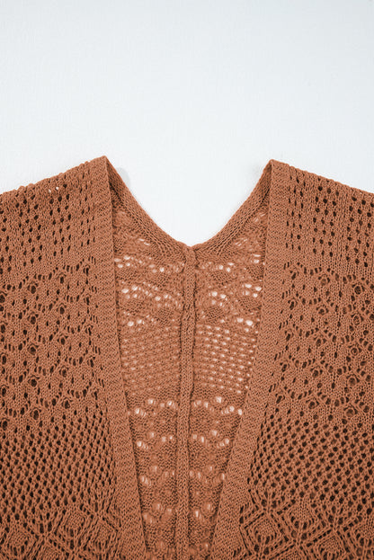 Solid Hollow Knit Open-Front Cardigan