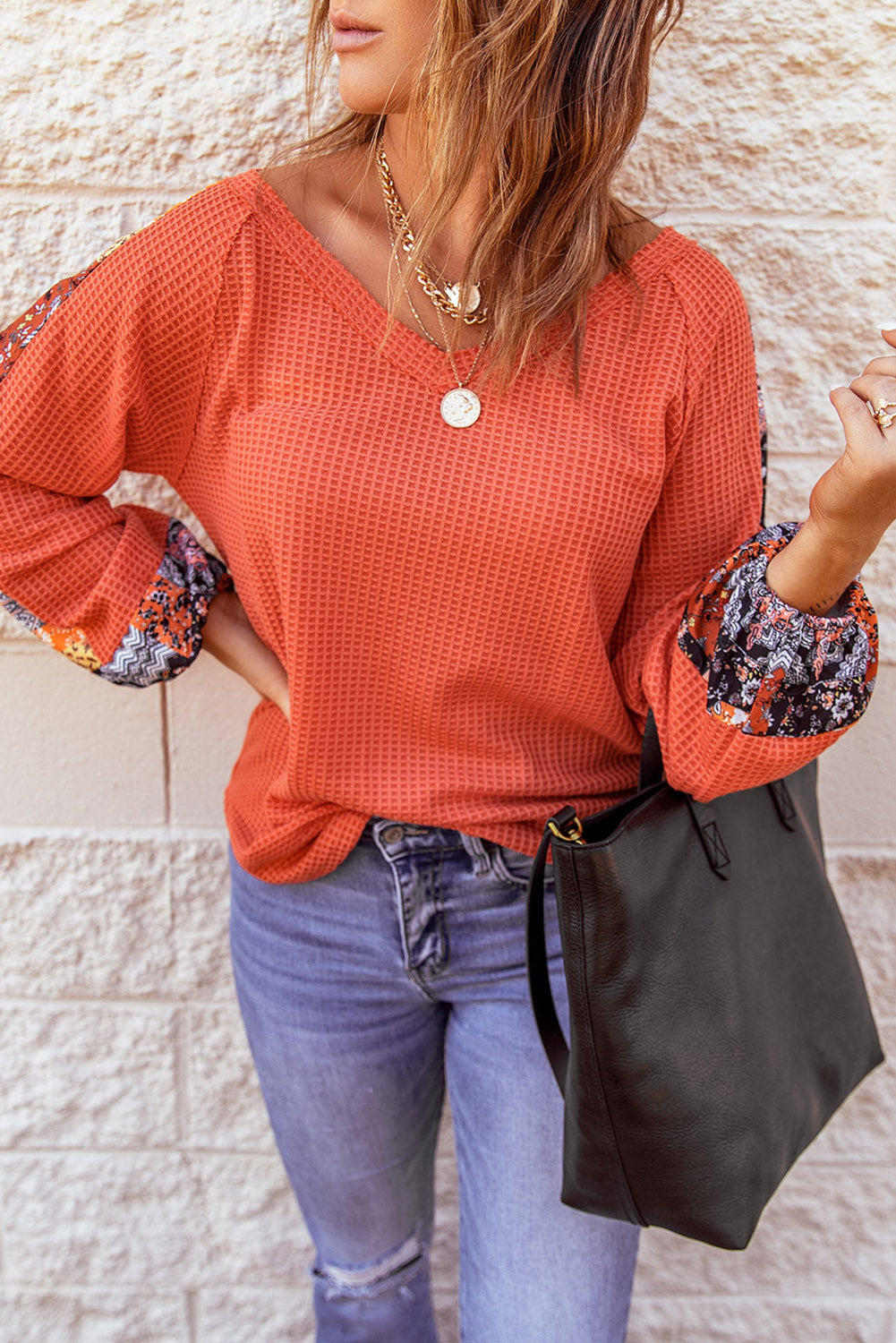 Floral Colorblock Waffle Knit Top