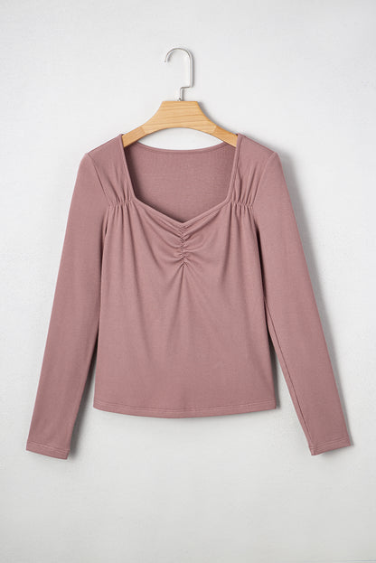 Gathered Bust Square Neck Ribbed Long Sleeve Top