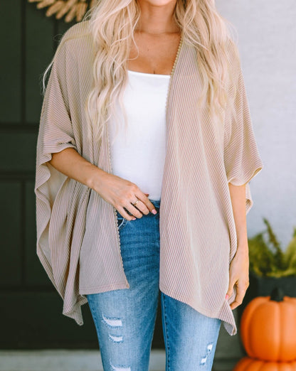 Ribbed Lace Trim Oversized Kimono