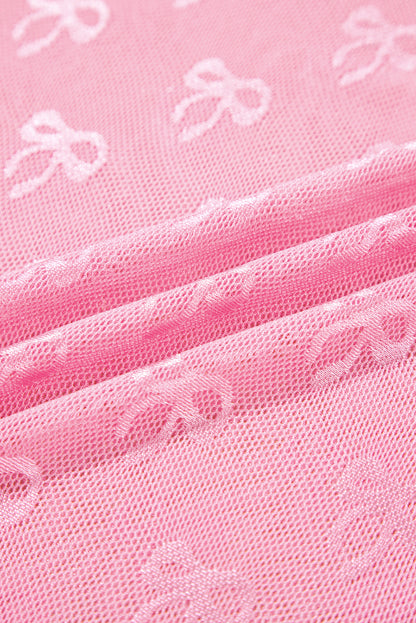 Plus Size Bow Tie Mesh Embroidered Long Sleeve Top