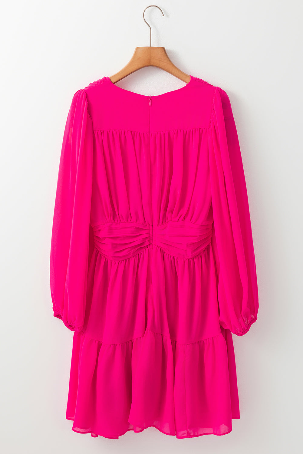 Pleated Puff Sleeve V-Neck Dress