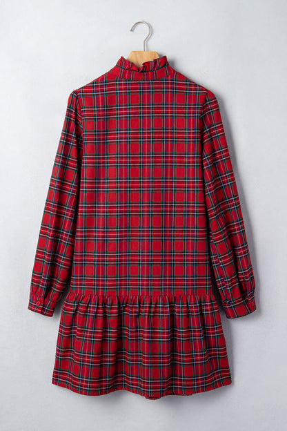 Plaid Long Sleeve Drop Waist Mini Dress