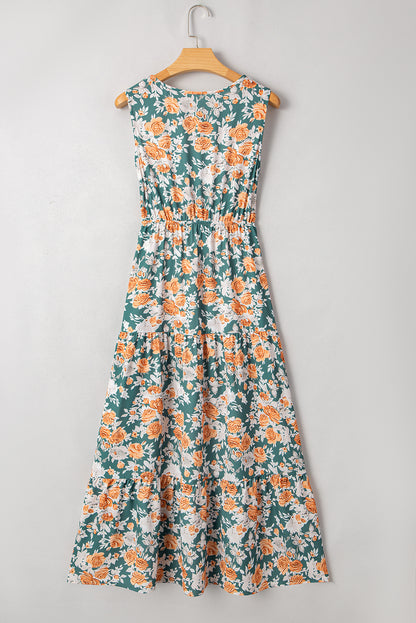 Floral Buttoned V-Neck Tie Waist Maxi Dress