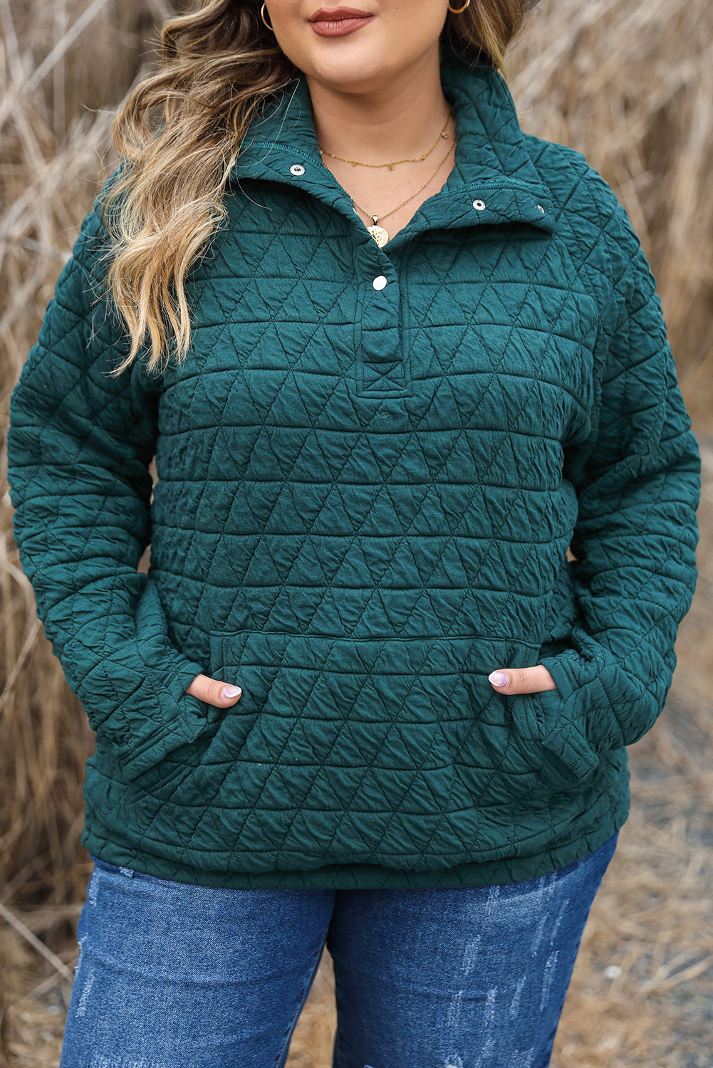 Quarter Buttoned Quilted Sweatshirt Plus Size