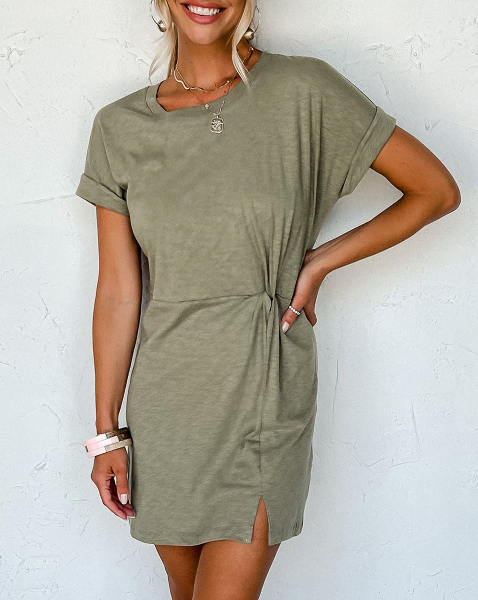 Folded Sleeve Twisted T-Shirt Dress