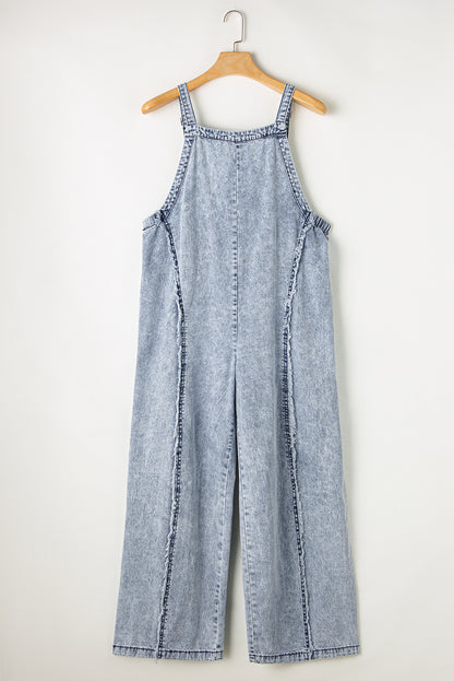 Denim Frayed Reverse Seam Wide Leg Overall