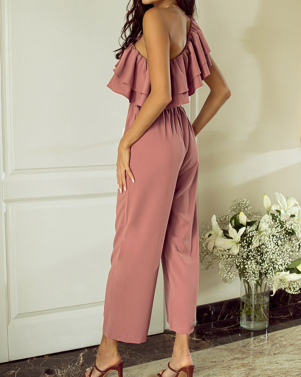 Ruffle One Shoulder Belted Jumpsuit