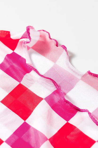 Checker Sheer Mesh Long Sleeve Blouse