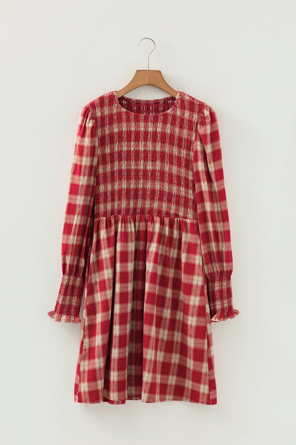 Plaid Smocked Puff Sleeve Mini Dress