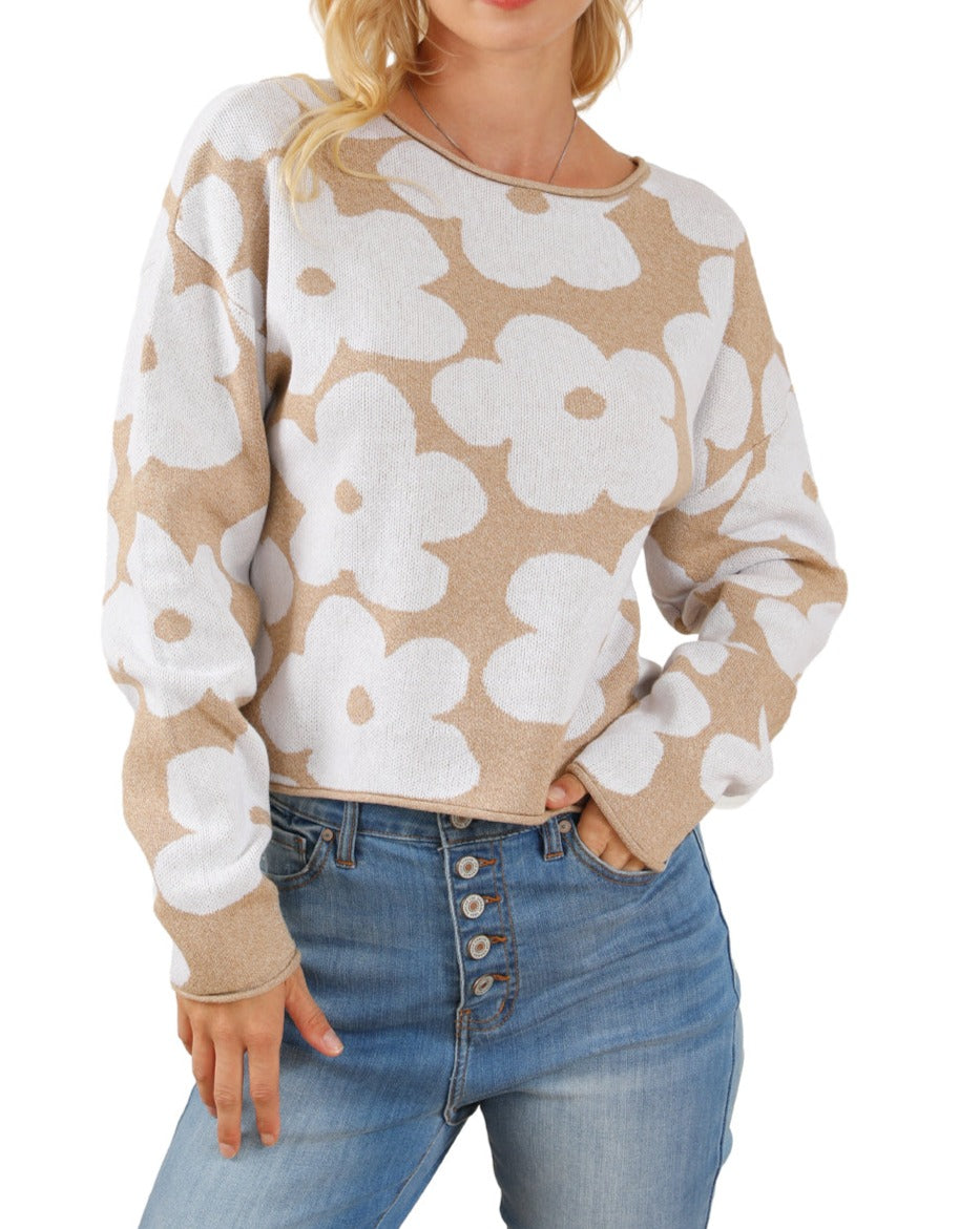 Floral Rolled Edge Cropped Sweater