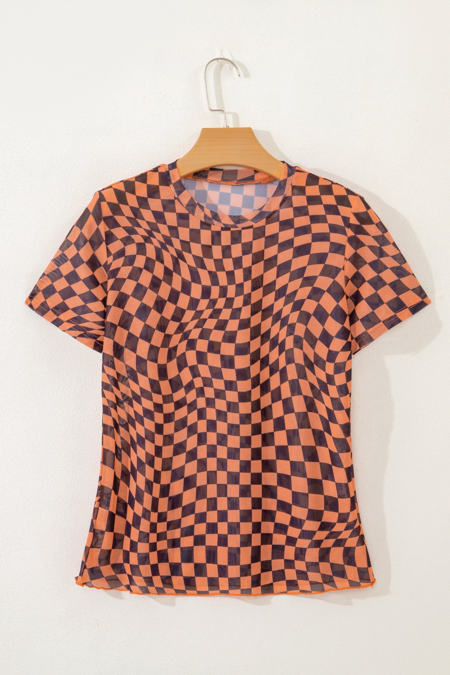Checker Mesh Mock Neck Short Sleeve T-Shirt