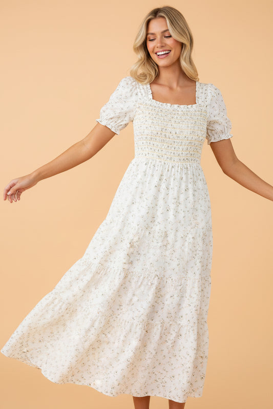 Floral Frilly Shirred Bodice Tiered Maxi Dress