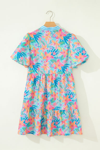 Floral Stripe Scallop Trim V-Neck Tiered Dress