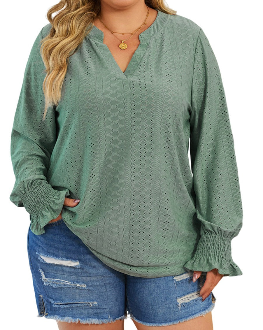 Eyelet Long Sleeve Blouse Plus Size