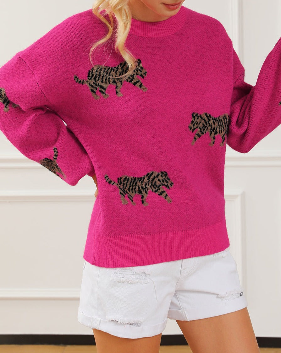 Tiger Ribbed Trim Crewneck Sweater